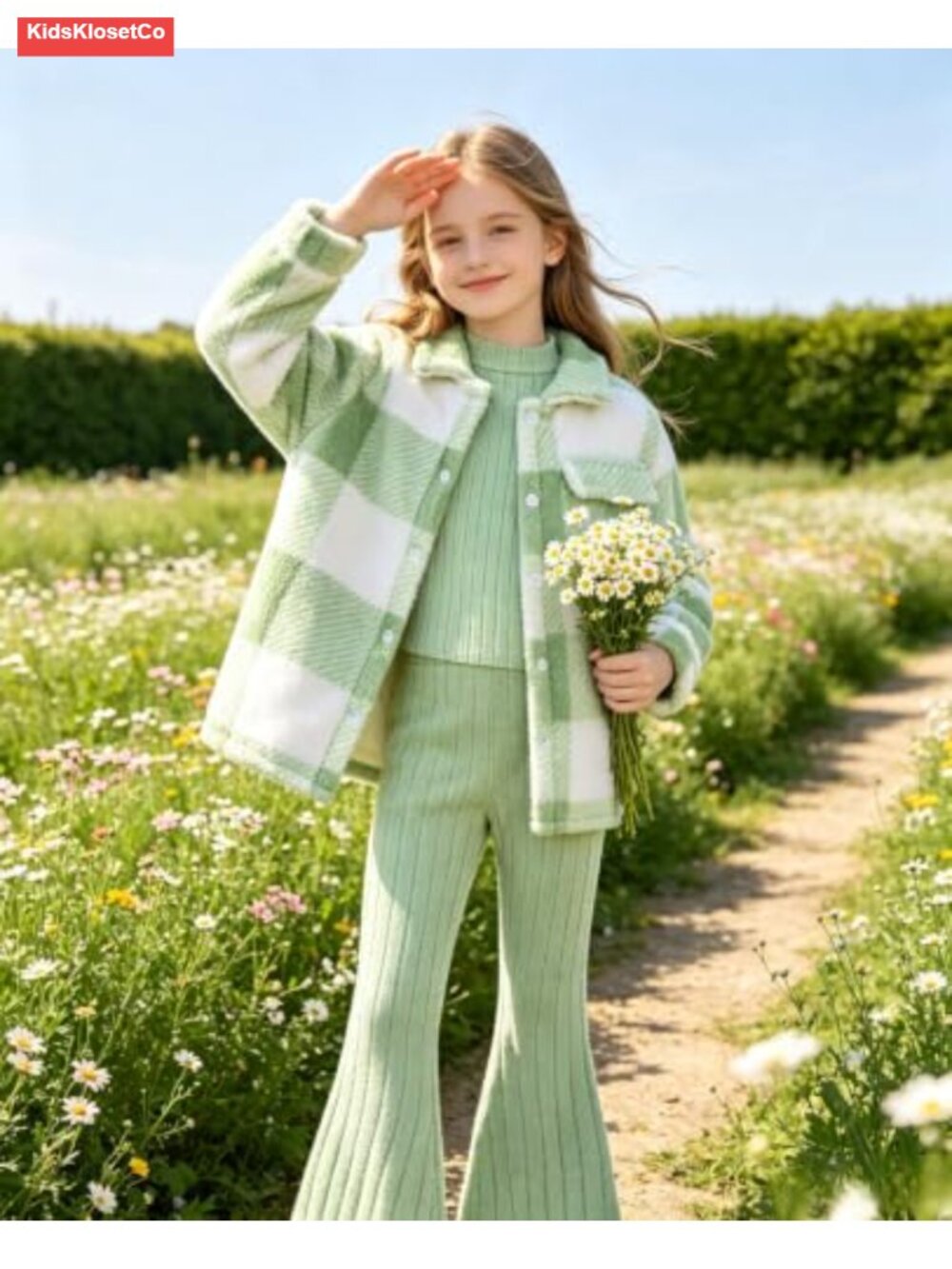 Girls 3 Piece Plaid Jacket Rib Knit Top Flare Pants Tween Outfit 7-14Y - Picture 4 of 6
